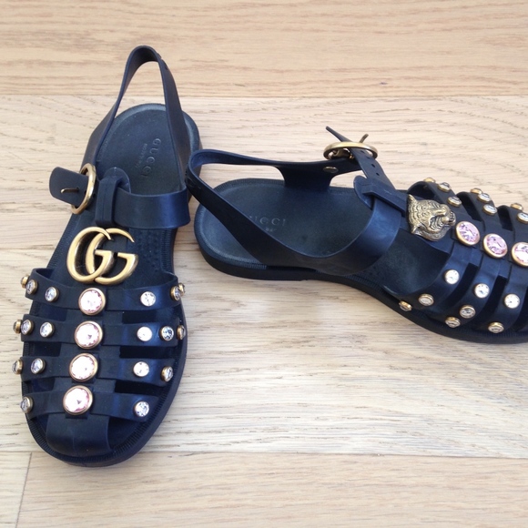 Gucci Shoes - Gucci Black Rubber Crystal Sandals